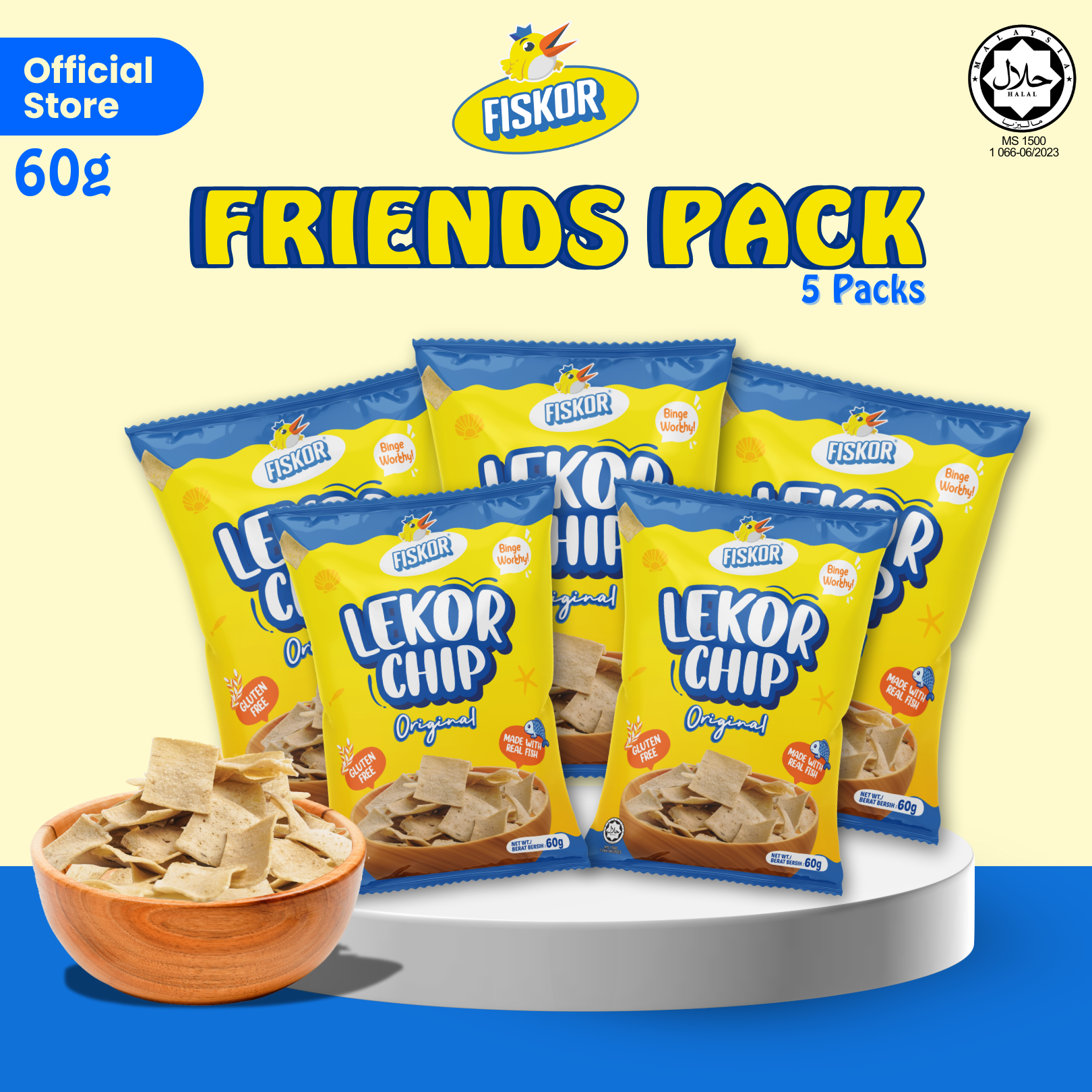 Fiskor Lekor Chips – Mini Party Pack (5 x Original Flavour 60g, Halal Certified)